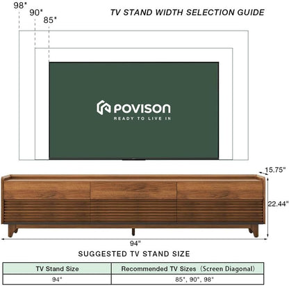 POVISON Fully-Assembled Mid Century Modern TV Stand with Legs, Wood Media Console with Adjustable LED Light for 85-inch TVs, Entertainment Center with Storage for Living Room