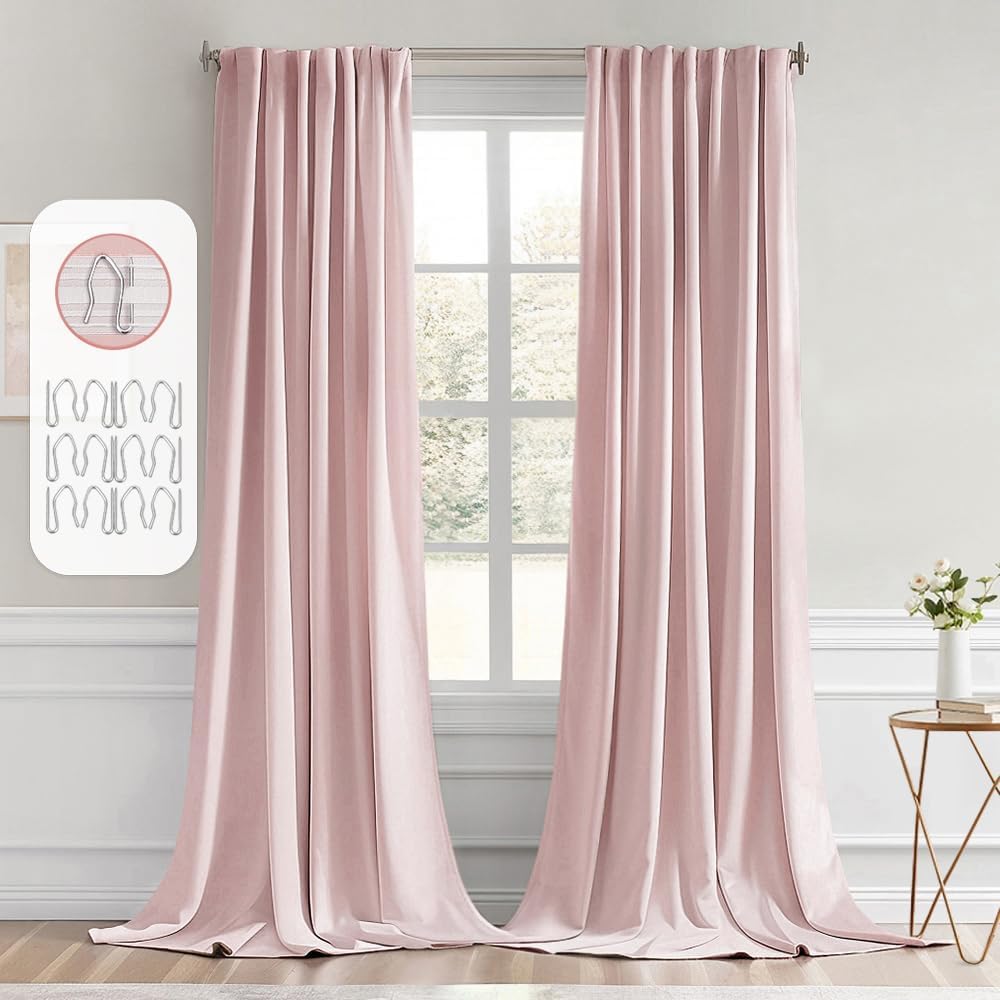 MIULEE Baby Pink Back Tab Blackout Curtains 108 Inch Long 2 Panels Set for Living Room Bedroom Privacy, Rod Pocket/Pinch Pleated Extra Long Thermal Insulated Room Darkening Light Blocking Drapes