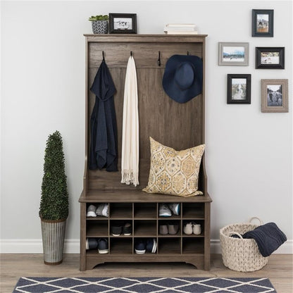 Prepac Entryway Organizer with 4 Coat Hooks, Coat Rack Hall Tree with Bench and Coat Storage