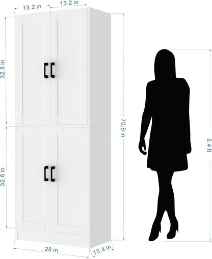 White Kitchen Pantry, 71" Tall Cabinet with Doors, Hutch with Storage for Dining Room