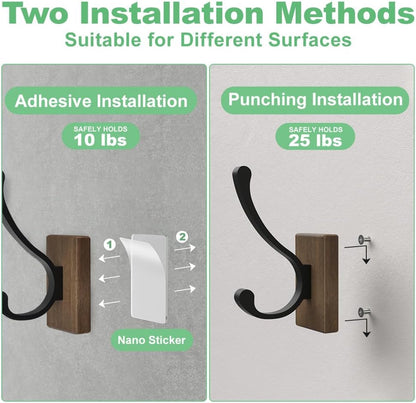 Wood Wall Hooks for Hanging - 4 Pack Hooks Wall Mounted, Wooden Rustic Farmhouse Heavy Duty Towel Hooks, Hooks for Coats, Towel, Hat, Keys, Purse, Bag and Robe