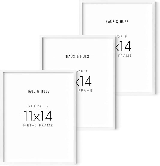 HAUS, HUES 11x14 Picture Frame Set of 3-White Frames, 11x14 White Frames, 14x11 White Frames, Picture Frame To Display 11x14 Frames White Picture Frames White Frames 11x14in(White Aluminum Frames)