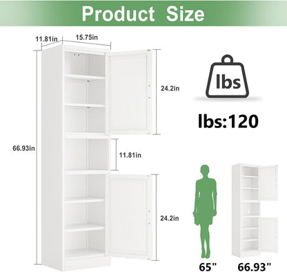 Tall Narrow Storage Cabinet 66.93" H Tall Bathroom Cabinets Metal Pantry Cabinet, 4 Adjustable Shelves for Kitchen, Home Office, Living Room, Dinning Room (16 inches Wide White)