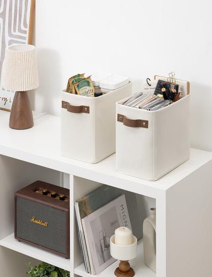 StorageWorks Narrow Storage Bins, Small Basket for Closet and Shelves, Rectangular Fabric Organizer with Handles, Toilet Paper Storage, Beige, 2-Pack