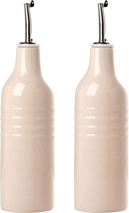 famiware Jupiter 16oz Ceramic Olive Oil Dispenser Bottle, Olive Oil and Vinegar Dispenser Bottle Set of 2 with Stainless Steel Pourers, Suitable for Storage Vinegar, Liquids, Light Pink