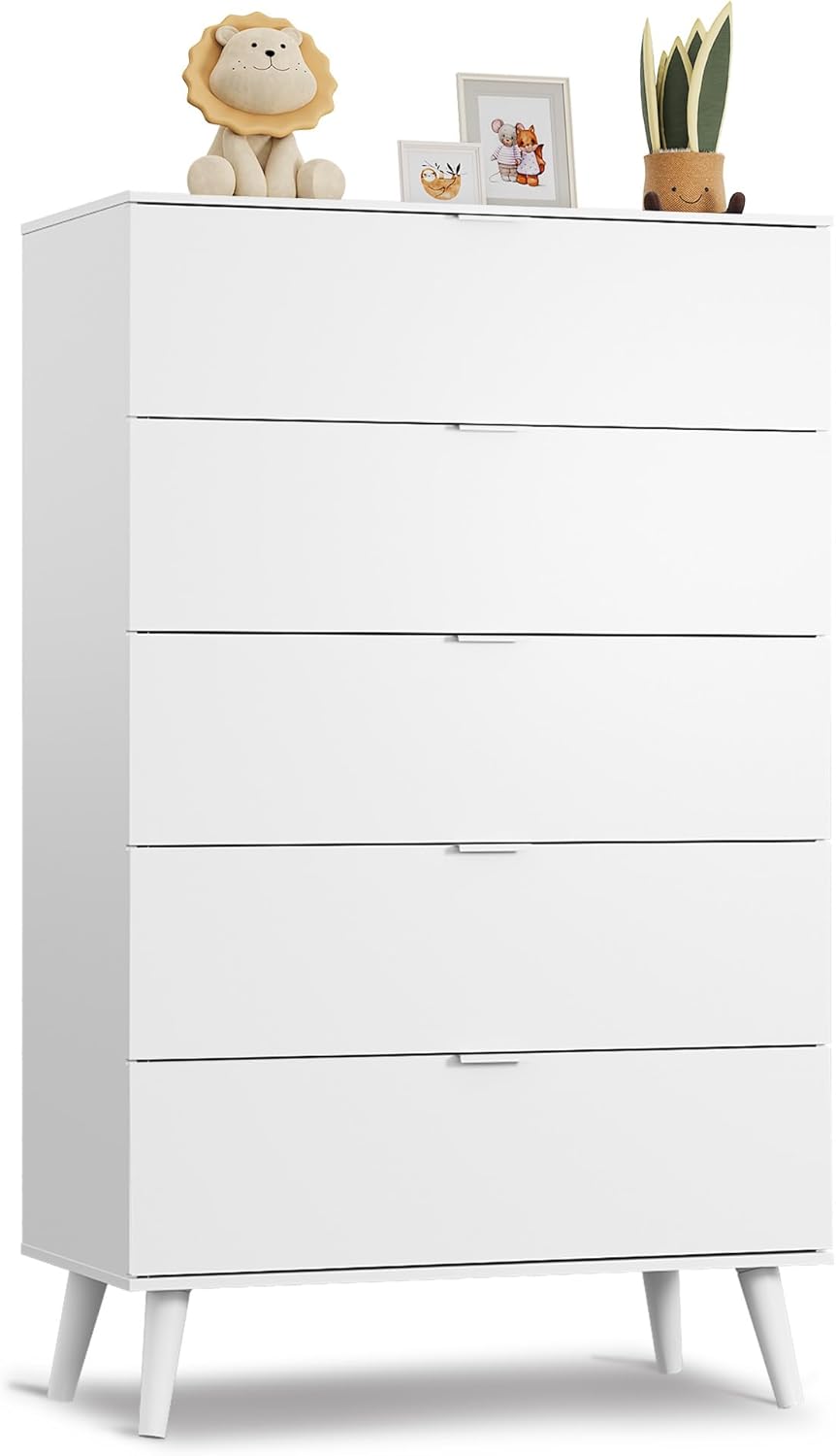WLIVE 5 Drawer Dresser for Bedroom, Tall Wood Dresser, White Dressers Storage Organizer with Sturdy Metal Handle, Chest of Drawers for Living Room, Hallway, Closet