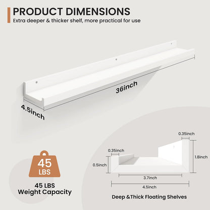 Fun Memories Picture Ledge Shelves Set of 2, 36 Inch Rustic Wall Mounted Floating Shelves with Lip for Home Storage and Décor in Bathroom, Kitchen, Nursery, Bedroom, Living Room, White