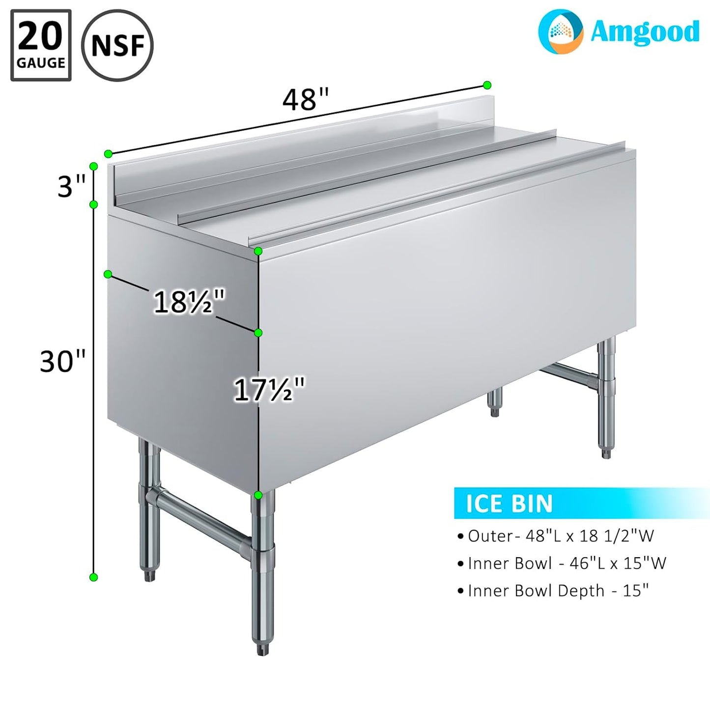 AmGood 18.5 in. x 48 in. Underbar Ice Bin with Sliding Lid | NSF | Stainless Steel Ice Chest with Sliding Lid