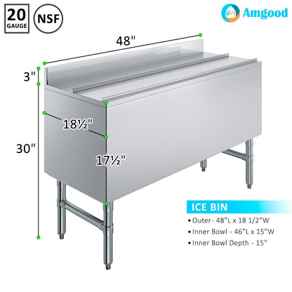 AmGood 18.5 in. x 48 in. Underbar Ice Bin with Sliding Lid | NSF | Stainless Steel Ice Chest with Sliding Lid