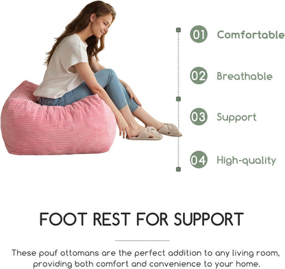 HIGOGOGO Square Stuffed Pouf Ottoman, Corduroy Poufs with Foam Chunk Filling, Furry and Fluffy Pouf Foot Stool Storage Ottoman, 25.6 X 25.6 Floor Poufs Foot Rest for Living Room, Pink