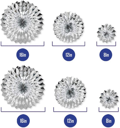 Hanging Paper Fans Party Set, Silver Round Pattern Paper Garlands Decoration for Birthday Baby Shower Graduation Retirement, Set of 6