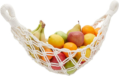 Okuna Outpost Macrame Hanging Fruit Basket Hammock for Kitchen - 6 x 25 x 15 in - White Cotton Modern - Under-Cabinet Storage with 2 Hooks for Bananas