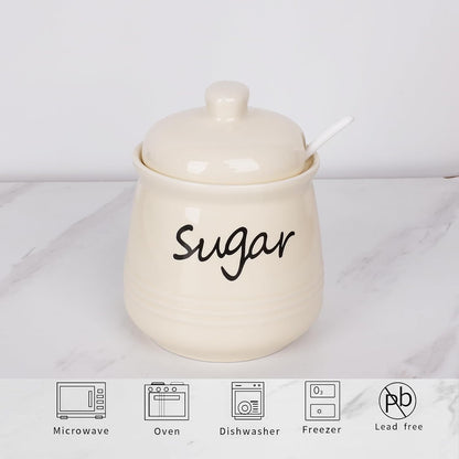 HAOTOP 12oz Sugar Bowl with Lid and Spoon,Ceramic Sugar Jar Sugar Dispenser Sugar Container Coffee Bar Accessories, Kitchen Countertop Canisters, Beige