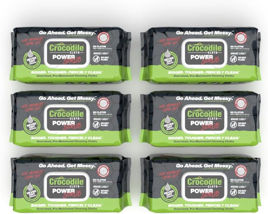 Crocodile Cloth Power Scrub - 6 pack. 480 (15" x 10") Heavy Duty Cleaning Wipes. Safe on Skin & Multiple Surfaces. Infused with Aloe & Vitamin E. Textured, Large, Pre-Moistened & Absorbent.