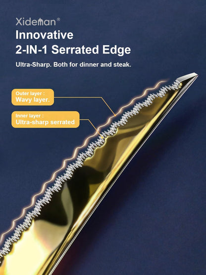 16-Piece Modern Champagne Gold Hammered Silverware Set with Ultra Sharp 2-IN-1 Serrated Knive, Golden 18/10 Stainless Steel Flatware Set, Utensil Cutlery Set for 4 Person, Forks Spoons Knives