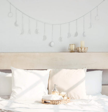 Mkono Moon Phase Wall Hanging Boho Aesthetic Room Decor Metal Moons Garland Hanging Art Bohemian Home Decoration for Girls Room Nursery Bedroom Livingroom Dorm, Ideal, Silver, 55"