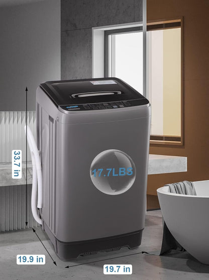 Full-Automatic Washing Machine 17.7 lbs Small Compact Portable 10 Wash Program & 8 Water Level Compact Washer with LED Display Ideal for Apartments, RV, Camping, Grey (KB03-GREY6)