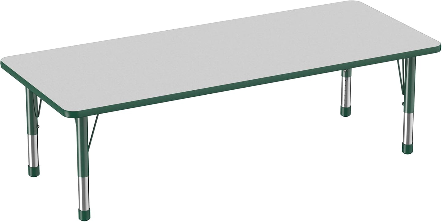 FDP Rectangle Activity School and Classroom Kids Table (30 x 72 inch), Chunky Toddler Leg, Adjustable Height 15-24 inches - Gray Top and Green Edge