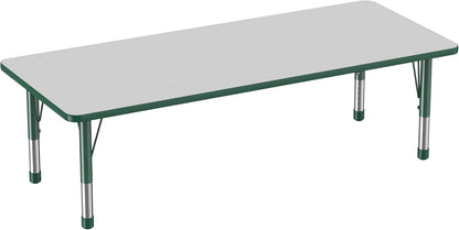 FDP Rectangle Activity School and Classroom Kids Table (30 x 72 inch), Chunky Toddler Leg, Adjustable Height 15-24 inches - Gray Top and Green Edge