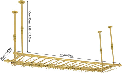 Hanging Wine Rack 59" Wall Mounted Wine Glass Rack Ceiling Adjustable Hanging Bar Glass Holder Shelves for Kitchen Bar Restaurants Industrial Iron Storage Shelf