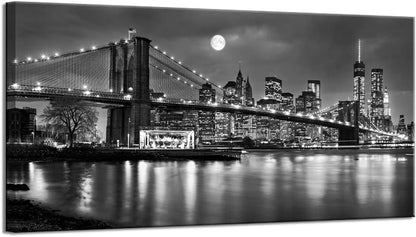 LevvArts - Black and White New York Picture Brooklyn Bridge Canvas Wall Art Full Moon Night Manhattan City Poster Canvas Print Framed Gallery Wrapped Modern Home Office Decoration