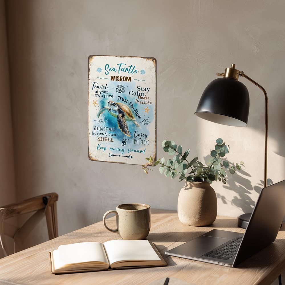 Heuhuww Retro Sea Turtle Wisdom Metal Sign for Home Office Room-Inspirational Beach Decor-Sea Turtle Quote Gifts for Ocean Lovers 12" x 8"(H16)