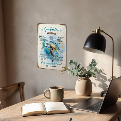 Heuhuww Retro Sea Turtle Wisdom Metal Sign for Home Office Room-Inspirational Beach Decor-Sea Turtle Quote Gifts for Ocean Lovers 12" x 8"(H16)