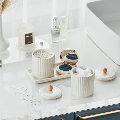 Ceramic Bathroom Canister Set with Coordinating Small Vanity Tray Qtip Holder Dispenser for Cotton Ball,Swab,Pads, Floss, Bathroom Storage Jars with Lids Pearl White