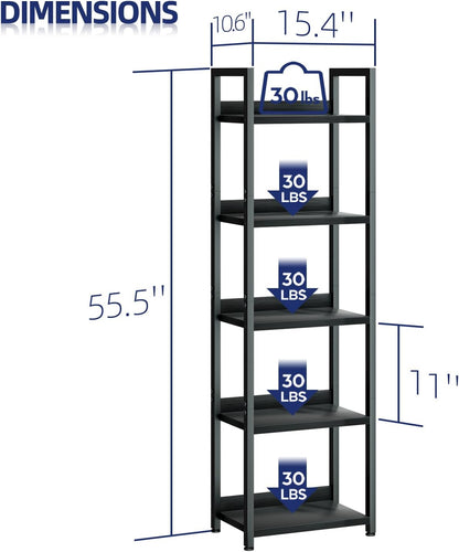 NUMENN Narrow Bookshelf, 5 Tier Bookshelves, Home Office Bookcase Shelf Storage Organizer, Free Standing Storage Shelving Unit for Bedroom, Living Room and Home Office, Black