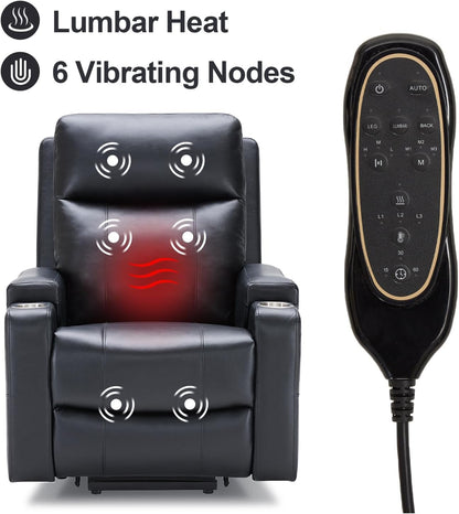Triple Motor Power Lift Recliner Chair with Adjustable Lumbar Support, Lay Flat Recliner for Elderly, Breathable Black Lift Chair Leather Recliner, Massage & Heating, USB Ports, Cup Holders