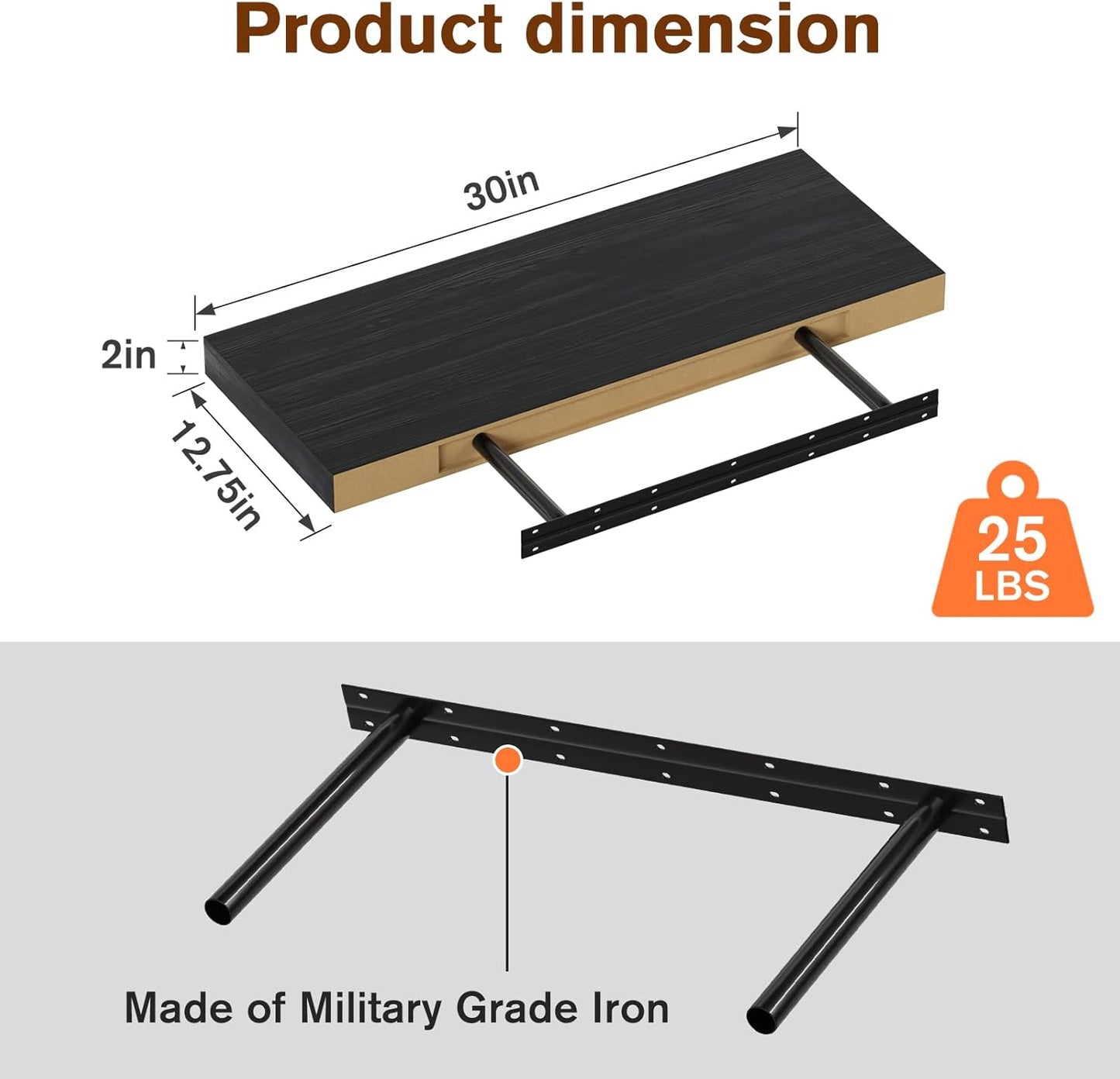 Large Floating Shelves for Wall Set of 1 Wooden Wall Shelves 30 in x 12.75 in x 2 in Room Decor Long Shelf with Invisible Wall Mount Bracket for Bedroom Kitchen Living Room Black Wood