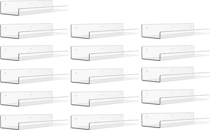 upsimples 16 Pack Acrylic Shelves for Wall Storage, 15" Floating Bookshelves for Kids, Display Shelf Organizer for Bathroom, Bedroom, Living Room, Kitchen, Room Decor, Clear