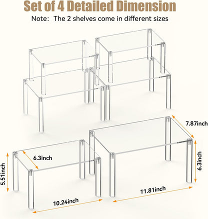 Clear Cabinet Organizer: Acrylic Shelf Riser Set of 4 for Kitchen Pantry Organizers and Storage - Countertop Spice Rack for Cabinet - Stackable Display Shelf Decor for Gift