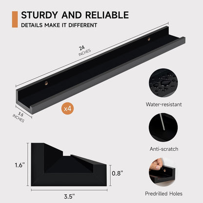 Picture Ledge Shelf for Wall, Floating Shelves Set of 4, 24 Inch Long Nursery Book Shelves for Toys Storage, Kids Bookshelf Wall Mounted for Books Photo Frames, Black