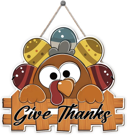 Give Thanks Sign Turkey Front Door Decor Thanksgiving Day Wood Door Hanger, Fall Wooden Thankful Wreath Hanging Decoration for Outdoor Outside Porch, Housewarming Gift