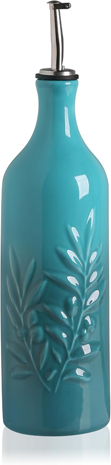 Sweejar Large Ceramic Olive Oil Dispenser Bottle, 24 Oz Relief Opaque Oil Cruet Protects Liquids