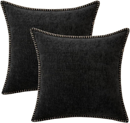 MIULEE Pack of 2 Couch Throw Pillow Covers 16x16 Inch Black Farmhouse Decorative Pillow Covers with Stitched Edge Soft Chenille Solid Dyed Spring Pillow Covers for Sofa Bed Living Room