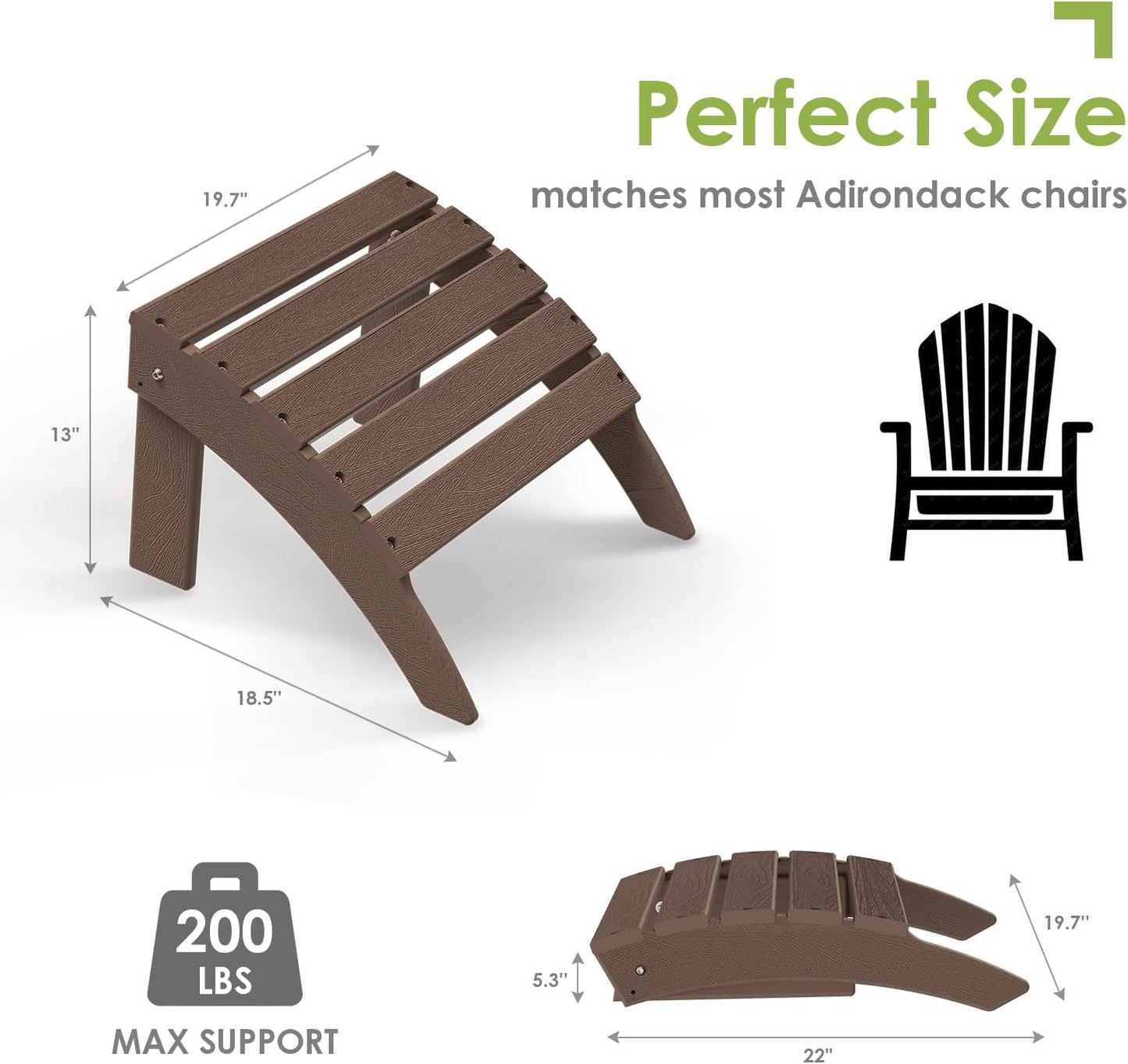 GREENVINES Adirondack-Ottoman | Wood Grain | Set of 2 | HDPE Plastic | Outdoor Footrest | All Weather | Foot Rest | Foot Stool | Dark Brown | for Adirondack Chair