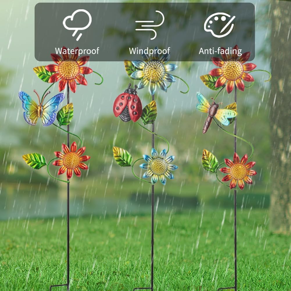 3 Pcs Sunflower＆Butterly＆Ladybug＆Dragonfly Decorative Garden Stakes,23.5 in Metal Sunflower Yard Art for Outside Decor,Spring Outdoor Decor for Mom,Women,Grandma