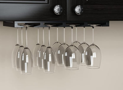 Rustic State Eze 4 Sectional Wood Under Cabinet Wine Glass Holder Wine Glass Rack Hanging Shelf Stemware Bar Organizer - 12 Wine Glass Storage - 10 Inch Deep - Black