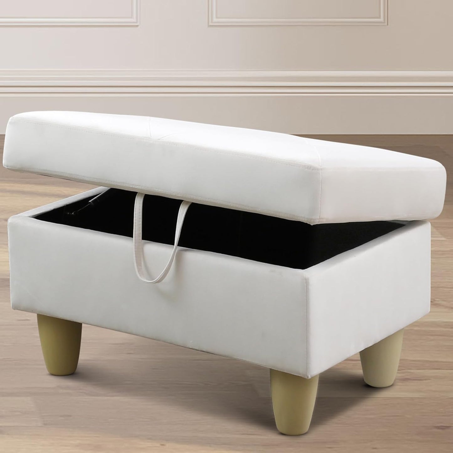 Ottoman Rectangular Storage Ottoman Bench, Flannel Footrest Stool Footstool with Lid for Living Room, Bedroom, Entryway, White, 28.5"x19"x17.5"