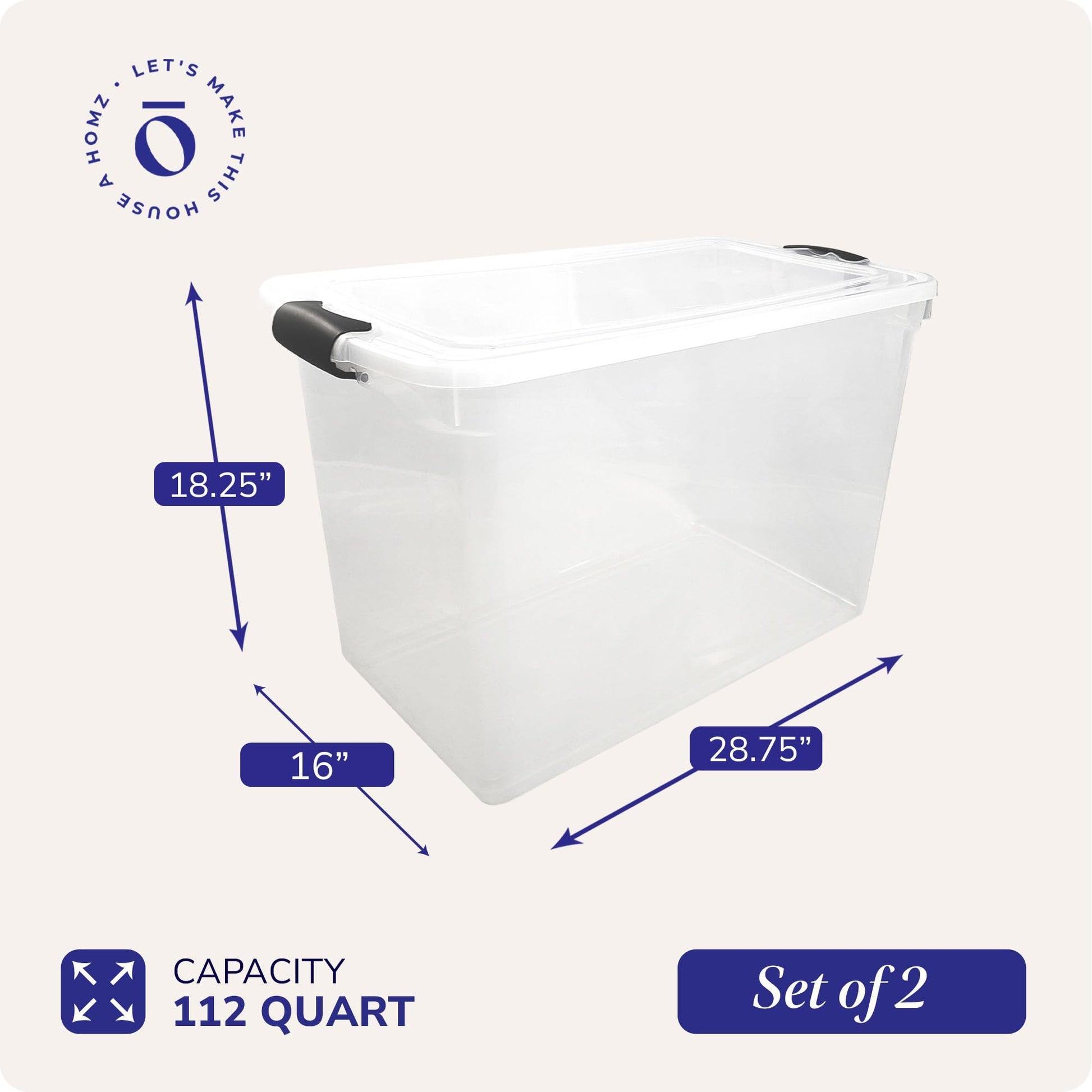 HOMZ Clear Plastic Storage Bins w/Latching Lid, 112 Qt, Gray Latch, 2 Pack