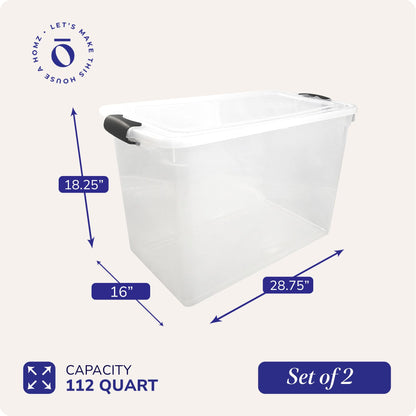 HOMZ Clear Plastic Storage Bins w/Latching Lid, 112 Qt, Gray Latch, 2 Pack