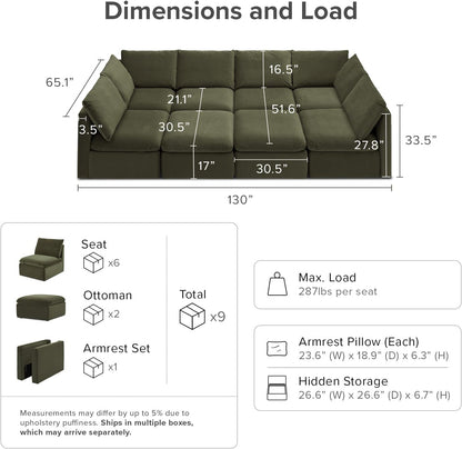 mopio Oversized Modular Sectional Sofa with Fully Removable Covers and Storage, Convertible U, L-Shaped and Sleeper Sectional, Modern Couches with Ottoman Chaise (Olive Green Velvet, 8 Seats, Sleeper)