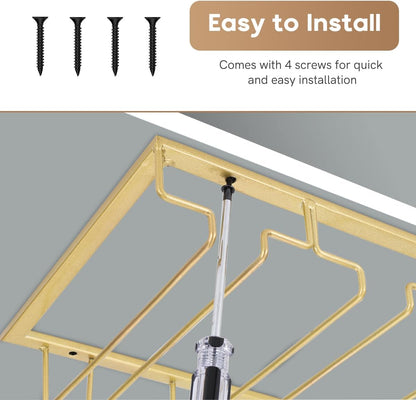 Xverycan Wine Glass Rack Under Cabinet, 6 Row Extreme Large Stemware Hanger, Metal Wine Goblet Holder, DIY Bar Glass Storage Rack for Bar Counter, Kitchen, Screws Included (Gold)