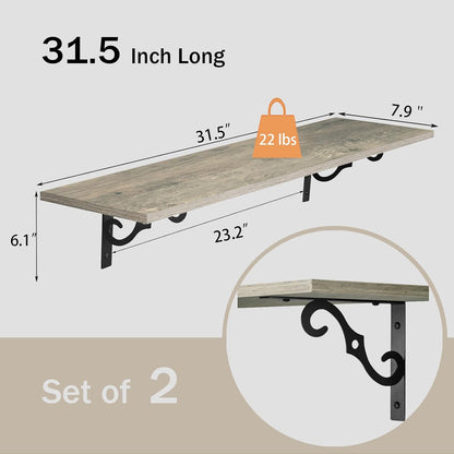 DINZI LVJ Long Wall Shelves, 31.5 Inch Large Floating Shelves Set of 2, Wide Display Shelf Wall Mounted with Brackets, Easy Hanging for Living Room, Toilet, Office, Bedroom, Gray Wash
