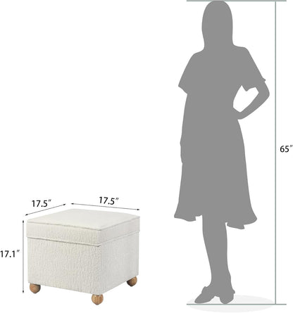 Adeco 17 Inch High Faux Fur White Cube Ottoman Storage, 3D Embossed Velvet Chair Foot Stools, Upholstered Vanity Stool with Hinged Lid, Solid Round Wood Legs