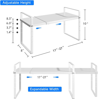 Expandable Cabinet Shelf Organizer, Stackable Kitchen Pantry Counter Storage, Adjustable Closet Cupboard Stand Rack Risers Spice Organization 80LBS Heavy Duty White Small 1 Pack