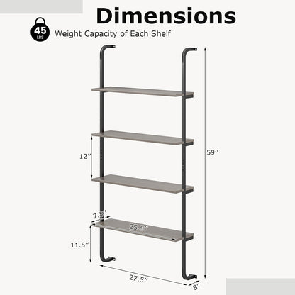 Giantex 4-Tier Industrial Bookshelf, Wall Mounted Pipe Shelving Unit, Floating Shelves with Metal Frame, Hanging Wall Display Shelf, Wood Ladder Bookshelf for Living Room, Kitchen,Gray Oak