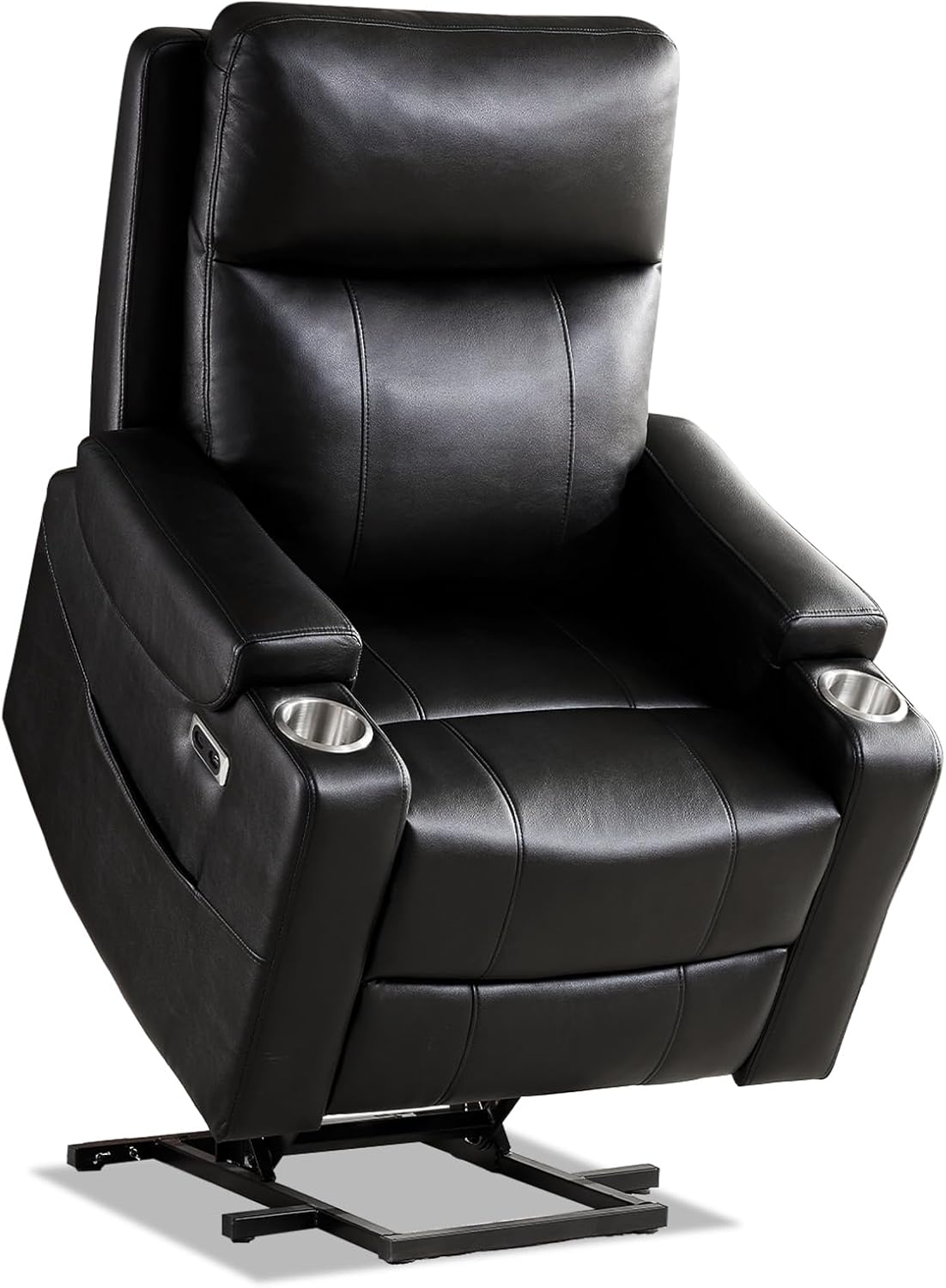 Triple Motor Power Lift Recliner Chair with Adjustable Lumbar Support, Lay Flat Recliner for Elderly, Breathable Black Lift Chair Leather Recliner, Massage & Heating, USB Ports, Cup Holders